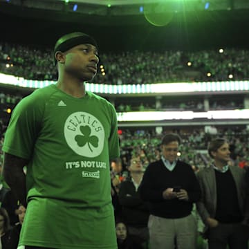 May 15, 2017; Boston, MA, USA; Boston Celtics guard Isaiah Thomas (4) looks on during player introductions prior to game seven of the second round of the 2017 NBA Playoffs against the Washington Wizards at TD Garden. Mandatory Credit: Bob DeChiara-Imagn Images