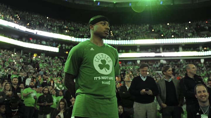 May 15, 2017; Boston, MA, USA; Boston Celtics guard Isaiah Thomas (4) looks on during player introductions prior to game seven of the second round of the 2017 NBA Playoffs against the Washington Wizards at TD Garden. Mandatory Credit: Bob DeChiara-Imagn Images