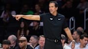 Oct 28, 2025; Miami, Florida, USA; Miami Heat head coach Erik Spoelstra signals from the sideline against the Charlotte Hornets during the first quarter at Kaseya Center. Mandatory Credit: Sam Navarro-Imagn Images