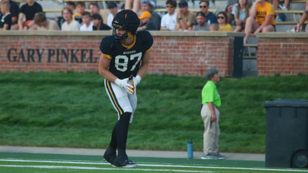 Missouri Tigers tight end Brett Norfleet (87) lines up ahead of a play at the team's annual fan night practice at Faurot Fiel