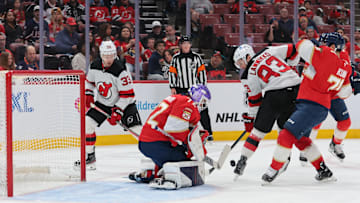 Florida Panthers goaltender Sergei Bobrovsky (72) makes a save against New Jersey Devils: Sam Navarro-Imagn Images