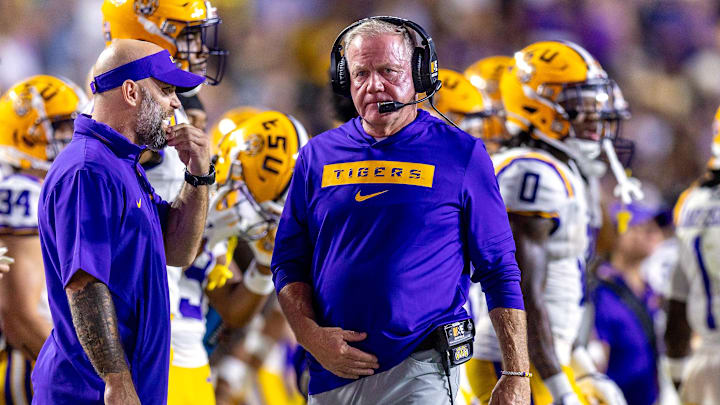 Sep 7, 2024; Baton Rouge, Louisiana, USA; LSU Tigers head coach Brian Kelly paces the sidelines against the Nicholls State Colonels during the second half at Tiger Stadium. Mandatory Credit: Stephen Lew-Imagn Images