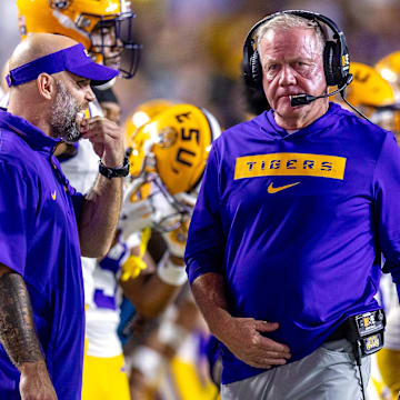 Sep 7, 2024; Baton Rouge, Louisiana, USA; LSU Tigers head coach Brian Kelly paces the sidelines against the Nicholls State Colonels during the second half at Tiger Stadium. Mandatory Credit: Stephen Lew-Imagn Images