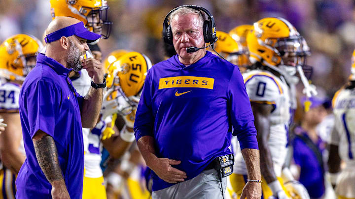 Sep 7, 2024; Baton Rouge, Louisiana, USA; LSU Tigers head coach Brian Kelly paces the sidelines against the Nicholls State Colonels during the second half at Tiger Stadium. Mandatory Credit: Stephen Lew-Imagn Images