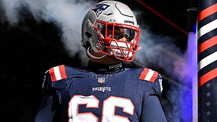 Nov 2, 2025; Foxborough, Massachusetts, USA; New England Patriots offensive tackle Will Campbell (66) walks out of the player's tunnel before a game against the Atlanta Falcons at Gillette Stadium.