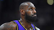 Feb 22, 2025; Denver, Colorado, USA; Los Angeles Lakers forward LeBron James (23) during the first half against the Denver Nuggets at Ball Arena. Mandatory Credit: Christopher Hanewinckel-Imagn Images