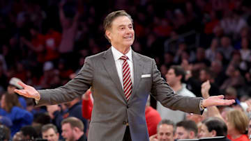 Mar 15, 2025; New York, NY, USA; St. John's basketball head coach Rick Pitino coaches against the Creighton Bluejays during the first half at Madison Square Garden.