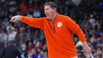 Mar 20, 2025; Providence, RI, USA; Clemson Tigers head coach Brad Brownell reacts during the second half against the McNeese State Cowboys at Amica Mutual Pavilion. Mandatory Credit: Gregory Fisher-Imagn Images