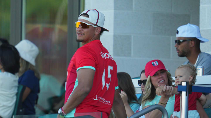 Jun 9, 2024; Kansas City, Missouri, USA; Kansas City Chiefs Quarterback Patrick Mahomes reacts in the first half between Kansas City Current and Seattle Reign FC at CPKC Stadium. Mandatory Credit: Jay Biggerstaff-USA TODAY Sports