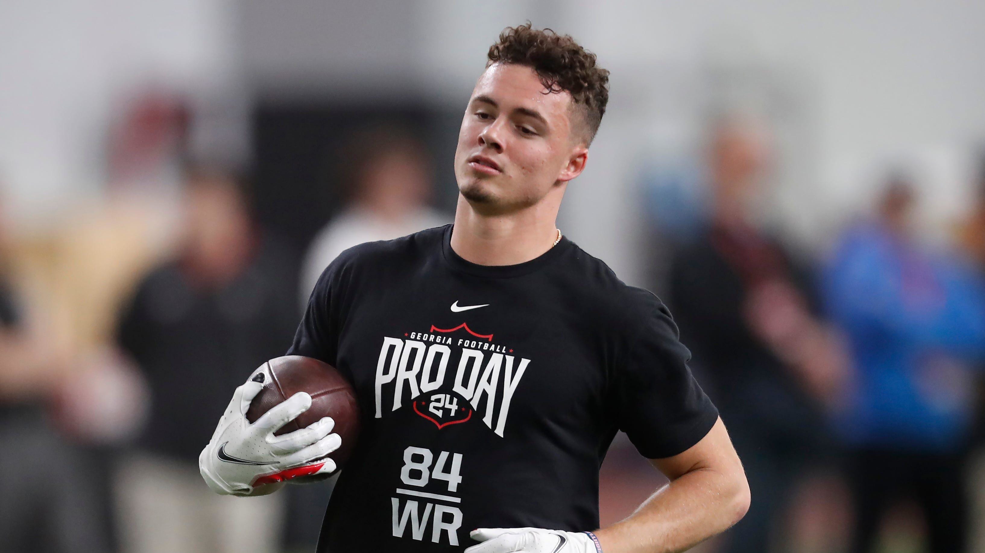 Georgia wide receiver Ladd McConkey (84) runs a drill during Georgia football's Pro Day in Athens,