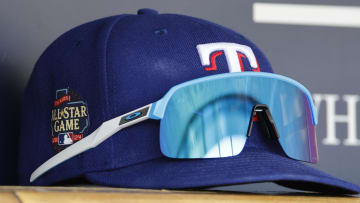 Apr 16, 2024; Detroit, Michigan, USA;  Texas Rangers cap sits in dugout in the first inning against the Detroit Tigers at Comerica Park. 