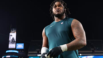 Philadelphia Eagles defensive tackle Jalen Carter (98) reacts after the game against the Green Bay Packers in an NFC Wild Card game at Lincoln Financial Field.