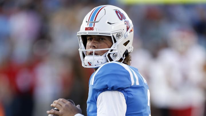 Oct 7, 2023; Oxford, Mississippi, USA; Mississippi Rebels quarterback Jaxson Dart (2) passes the ball during warm up prior to the game against the Arkansas Razorbacks at Vaught-Hemingway Stadium. Mandatory Credit: Petre Thomas-USA TODAY Sports