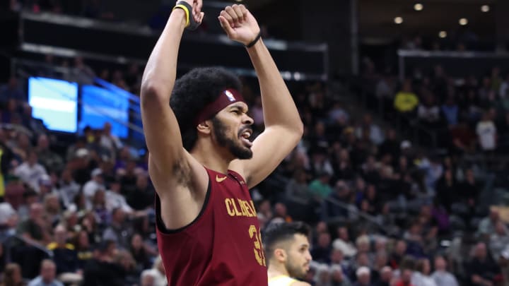 Apr 2, 2024; Salt Lake City, Utah, USA; Cleveland Cavaliers center Jarrett Allen (31) reacts to a call against the Utah Jazz during the third quarter at Delta Center. Mandatory Credit: Rob Gray-USA TODAY Sports