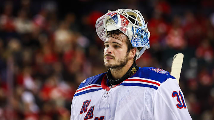 Oct 26, 2025; Calgary, Alberta, CAN; New York Rangers goaltender Igor Shesterkin (31) during the second period against the Calgary Flames at Scotiabank Saddledome. Mandatory Credit: Sergei Belski-Imagn Images