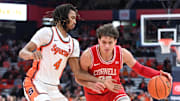 Dec 5, 2023; Syracuse, New York, USA; Cornell Big Red guard Chris Manon (30) tries to move the ball past Syracuse Orange forward Chris Bell (4) in the first half at the JMA Wireless Dome. Mandatory Credit: Mark Konezny-Imagn Images