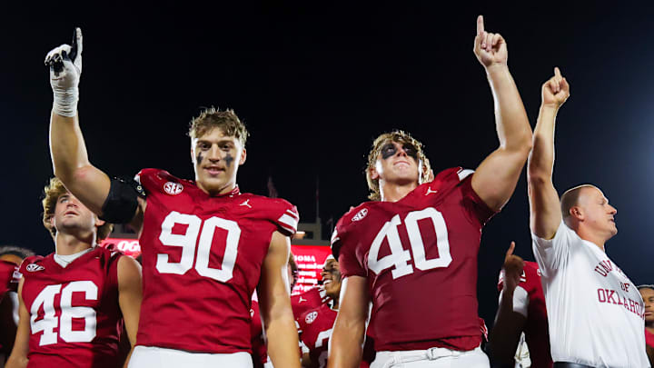 Oklahoma Sooners defensive linemen Caiden Woullard (90) and Ethan Downs (40) 