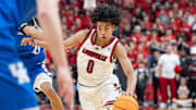 Louisville Cardinals guard Mikel Brown Jr. (0) drove to the basket during the second half as the Louisville Cardinals hosted the Kentucky Wildcats at the KFC Yum! Center on Tuesday, Nov. 11, 2025. The Cardinals defeated the Wildcats 96-88.