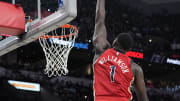 Dec 17, 2023; San Antonio, Texas, USA; New Orleans Pelicans Zion Williamson (1) goes up to dunk