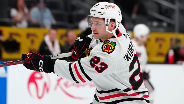 Apr 16, 2024; Las Vegas, Nevada, USA; Chicago Blackhawks center Philipp Kurashev (23) warms up before a game against the Vegas Golden Knights at T-Mobile Arena. Mandatory Credit: Stephen R. Sylvanie-USA TODAY Sports