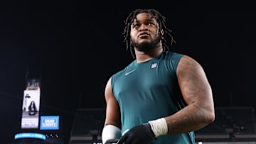 Jan 12, 2025; Philadelphia, Pennsylvania, USA; Philadelphia Eagles defensive tackle Jalen Carter (98) reacts after the game against the Green Bay Packers in an NFC wild card game at Lincoln Financial Field. Mandatory Credit: Bill Streicher-Imagn Images