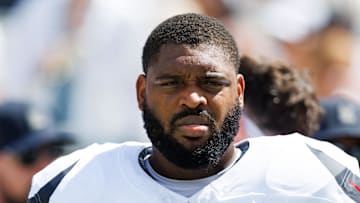 Sep 21, 2025; Jacksonville, Florida, USA; Houston Texans guard Laken Tomlinson (75) before the game against the Jacksonville Jaguars at EverBank Stadium. 