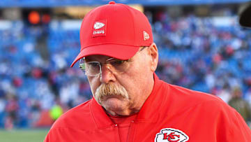 Nov 2, 2025; Orchard Park, New York, USA; Kansas City Chiefs head coach Andy Reid walks the sideline before the game against the Buffalo Bills at Highmark Stadium. Mandatory Credit: Mark Konezny-Imagn Images