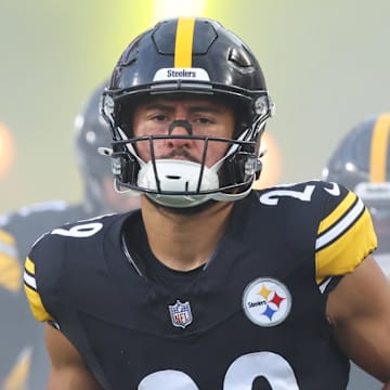 Aug 16, 2025; Pittsburgh, Pennsylvania, USA;  Pittsburgh Steelers safety Sebastian Castro (29) and linebacker Eku Leota (53) take the field against the Tampa Bay Buccaneers at Acrisure Stadium. Mandatory Credit: Charles LeClaire-Imagn Images