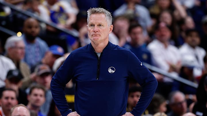 Mar 29, 2026; Denver, Colorado, USA; Golden State Warriors head coach Steve Kerr looks on in the first quarter against the Denver Nuggets at Ball Arena. Mandatory Credit: Isaiah J. Downing-Imagn Images