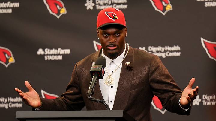 Apr 24, 2026; Phoenix, AZ, USA; Arizona Cardinals first-round draft pick Jeremiyah Love talks to media during a press conference at Dignity Health Arizona Cardinals Training Center. Mandatory Credit: Anna Carrington-Imagn Images