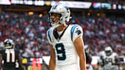 Nov 16, 2025; Atlanta, Georgia, USA; Carolina Panthers quarterback Bryce Young (9) reacts to a touchdown in the fourth quarter against the Atlanta Falcons at Mercedes-Benz Stadium. Mandatory Credit: Brett Davis-Imagn Images