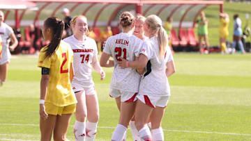Nebraska players celebrate a Lauryn Anglim goal against Maryland.