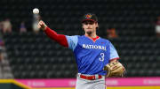 National League Futures outfielder Dylan Crews (3) warms up before the game against the American League Future team during the Major league All-Star Futures game at Globe Life Field on July 13.