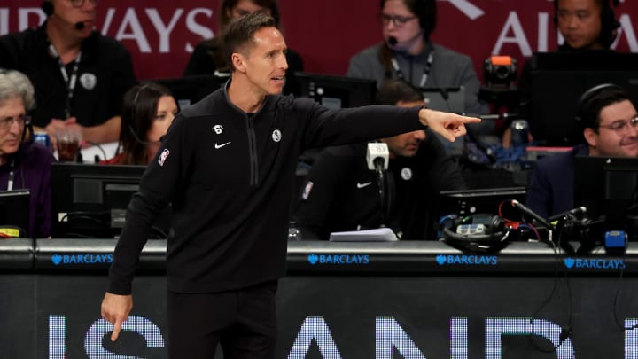 Oct 27, 2022; Brooklyn, New York, USA; Brooklyn Nets head coach Steve Nash coaches against the Dallas Mavericks during the first quarter at Barclays Center. Mandatory Credit: Brad Penner-USA TODAY Sports