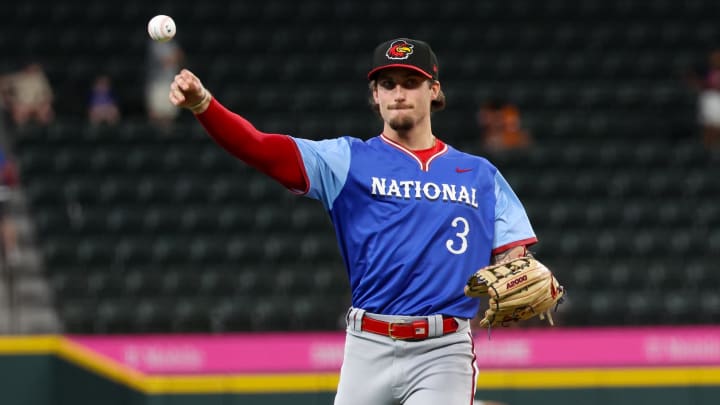 Jul 13, 2024; Arlington, TX, USA;  National League Future  outfielder Dylan Crews (3) warms up before the game against the American League Future team during the Major league All-Star Futures game at Globe Life Field.