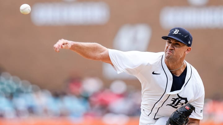 Detroit Tigers pitcher Jack Flaherty (9) throws against Cleveland Guardians during the fifth inning at Comerica Park in Detroit on Thursday, July 11, 2024.