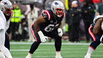 Sep 10, 2023; Foxborough, Massachusetts, USA; New England Patriots guard Sidy Sow (62) on the line of scrimmage during the first half against the Philadelphia Eagles at Gillette Stadium. Mandatory Credit: Eric Canha-Imagn Images