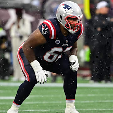 Sep 10, 2023; Foxborough, Massachusetts, USA; New England Patriots guard Sidy Sow (62) on the line of scrimmage during the first half against the Philadelphia Eagles at Gillette Stadium. Mandatory Credit: Eric Canha-Imagn Images