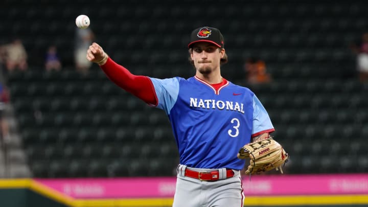 Jul 13, 2024; Arlington, TX, USA;  National League Future  outfielder Dylan Crews (3) warms up before the game against the American League Future team during the Major league All-Star Futures game at Globe Life Field.  