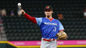 Jul 13, 2024; Arlington, TX, USA;  National League Future  outfielder Dylan Crews (3) warms up before the game against the American League Future team during the Major league All-Star Futures game at Globe Life Field.  Mandatory Credit: Kevin Jairaj-USA TODAY Sports