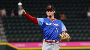 Jul 13, 2024; Arlington, TX, USA;  National League Future  outfielder Dylan Crews (3) warms up before the game against the American League Future team during the Major league All-Star Futures game at Globe Life Field.  