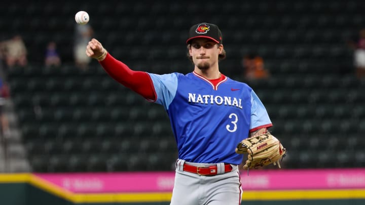 Jul 13, 2024; Arlington, TX, USA;  National League Future  outfielder Dylan Crews (3) warms up before the game against the American League Future team during the Major league All-Star Futures game at Globe Life Field.  