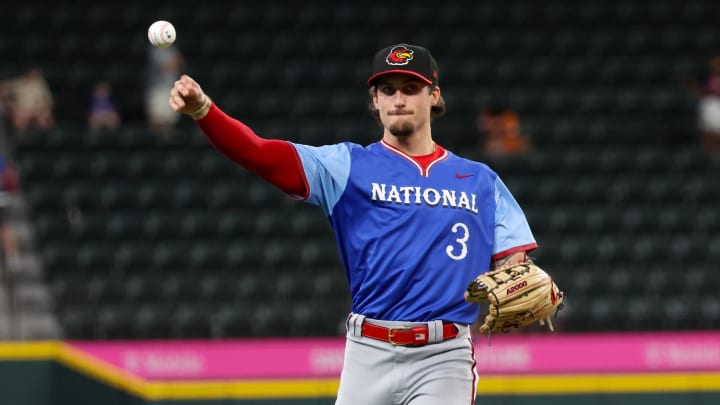 Dylan Crews warms up before the MLB All-Star Futures Game at Globe Life Field in 2024.