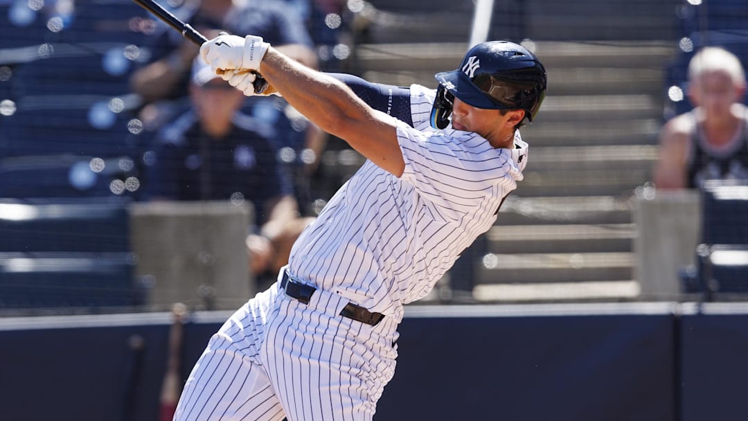Feb 21, 2026; Tampa, Florida, USA; New York Yankees outfielder Spencer Jones (78) hits a home run against the Detroit Tigers during the second inning in a Spring Training game at George M. Steinbrenner Field. Mandatory Credit: Morgan Tencza-Imagn Images