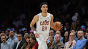 Nov 12, 2025; Miami, Florida, USA; Cleveland Cavaliers guard Tyrese Proctor (24) dribbles the basketball against the Miami Heat during the second quarter at Kaseya Center. Mandatory Credit: Sam Navarro-Imagn Images