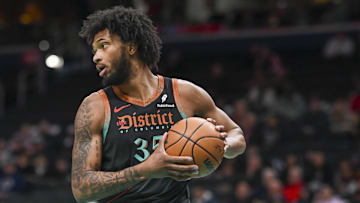 Feb 25, 2024; Washington, District of Columbia, USA;  Washington Wizards forward Marvin Bagley III (35) looks to pass after rebounding during the first half against the Cleveland Cavaliers at Capital One Arena. Mandatory Credit: Tommy Gilligan-Imagn Images