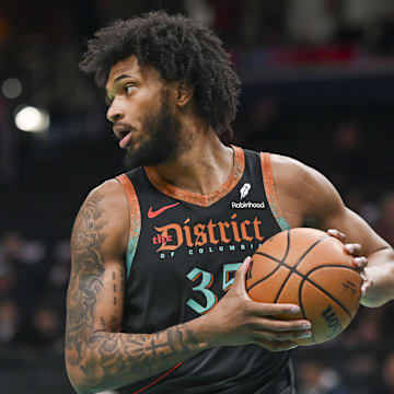 Feb 25, 2024; Washington, District of Columbia, USA;  Washington Wizards forward Marvin Bagley III (35) looks to pass after rebounding during the first half against the Cleveland Cavaliers at Capital One Arena. Mandatory Credit: Tommy Gilligan-Imagn Images