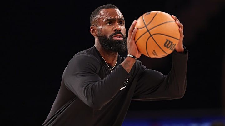 Dec 7, 2024; New York, New York, USA; Detroit Pistons forward Tim Hardaway Jr. (8) warms up before the game against the New York Knicks at Madison Square Garden. Mandatory Credit: Vincent Carchietta-Imagn Images
