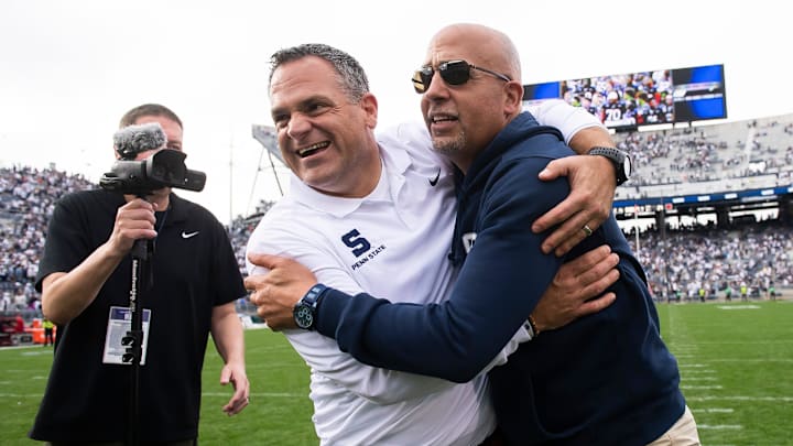 Penn State athletic director Pat Kraft gives head football coach James Franklin a big hug following a 33-24 win over Indiana at Beaver Stadium Saturday, Oct. 28, 2023, in State College, Pa.