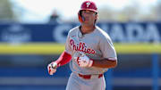 Feb 26, 2025; Dunedin, Florida, USA; Philadelphia Phillies outfielder Gabriel Rincones Jr. (85) runs the bases after hitting a home run against the Toronto Blue Jays in the third inning during spring training at TD Ballpark